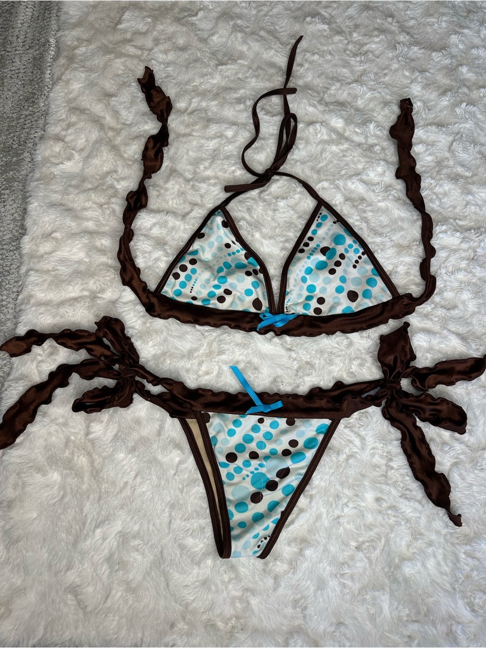 Brown & Turquoise Polka Dot Triangle Bikini - Brand Unknown